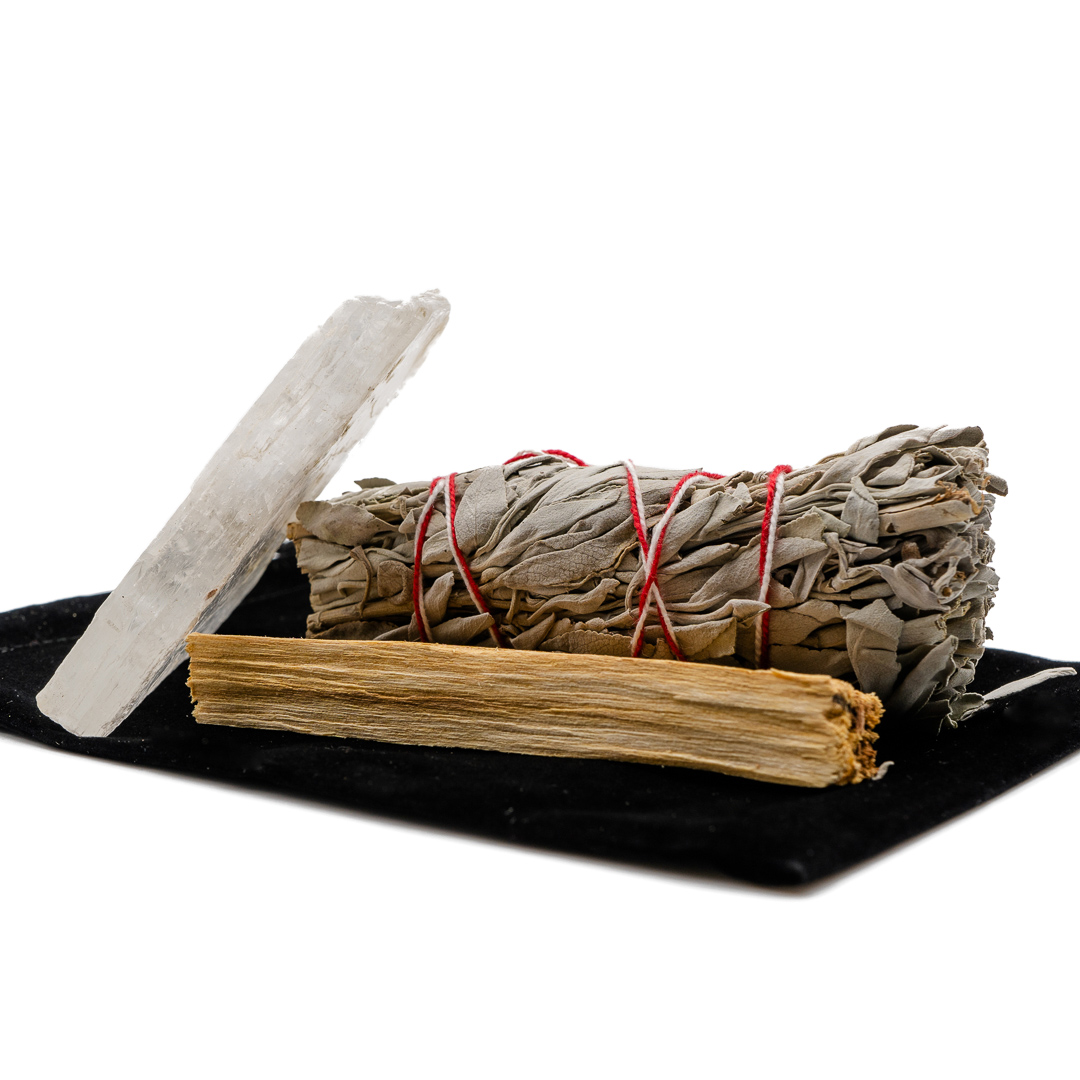 cleansing trio product containing sage selenite and palo santo